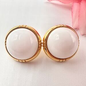 Vintage Monet White Lucite Dome Button Stud Earrings Gold Tone Signed Chic Mogul